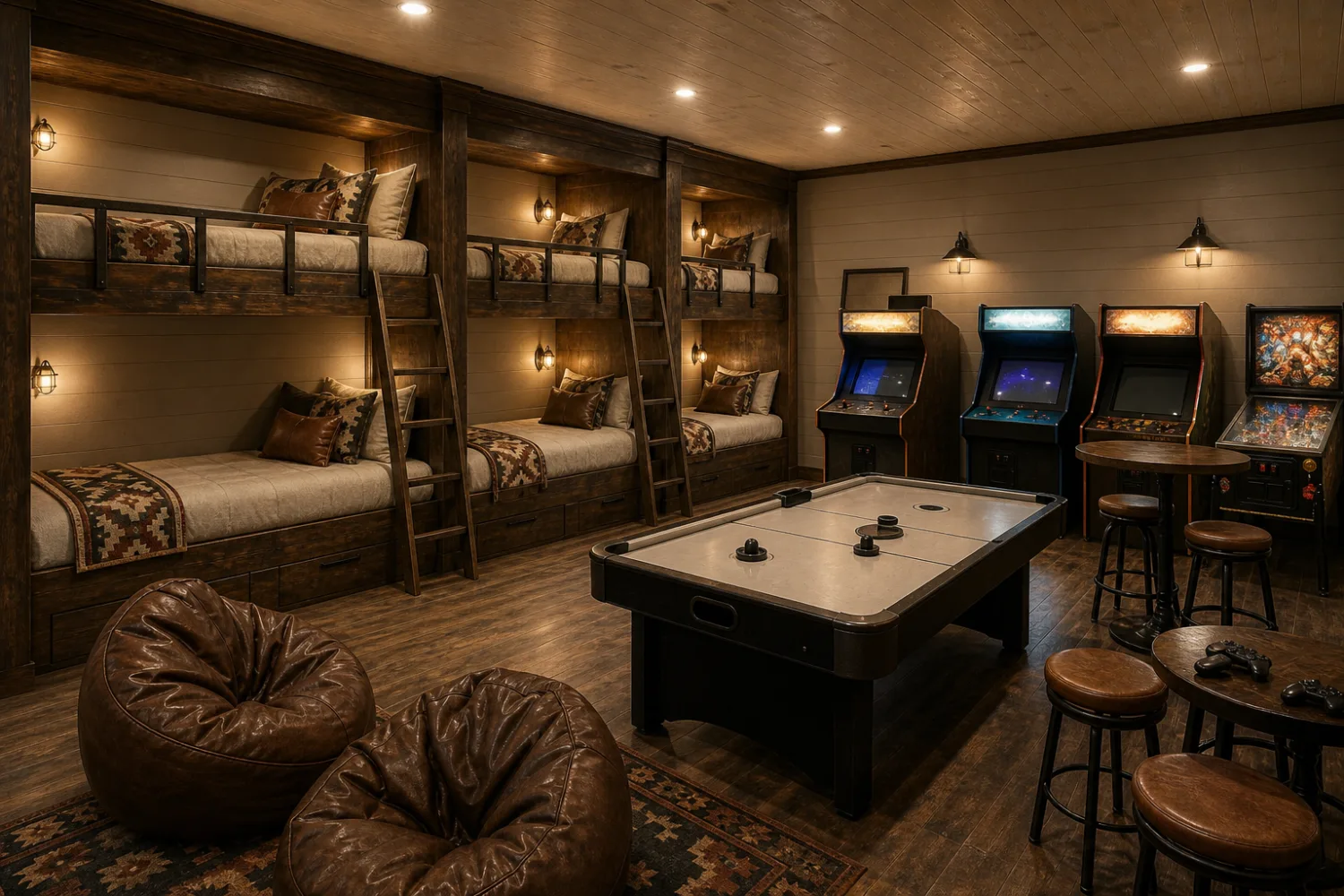 Concept for the western arcade bunk room with three built-in twin-over-twin bunks and six twin beds.