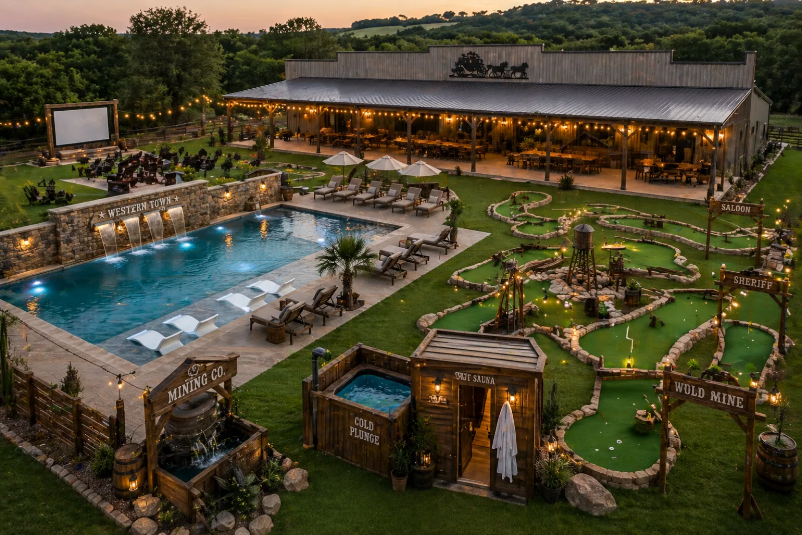 Concept for the Outlaw Oasis backyard with pool, mini golf, sauna, cold plunge, outdoor movie screen, and gathering spaces.