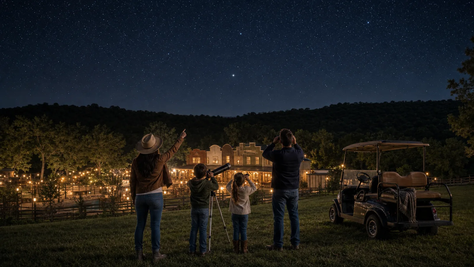 A family using binoculars and a telescope beneath the stars with a safely parked golf cart nearby.