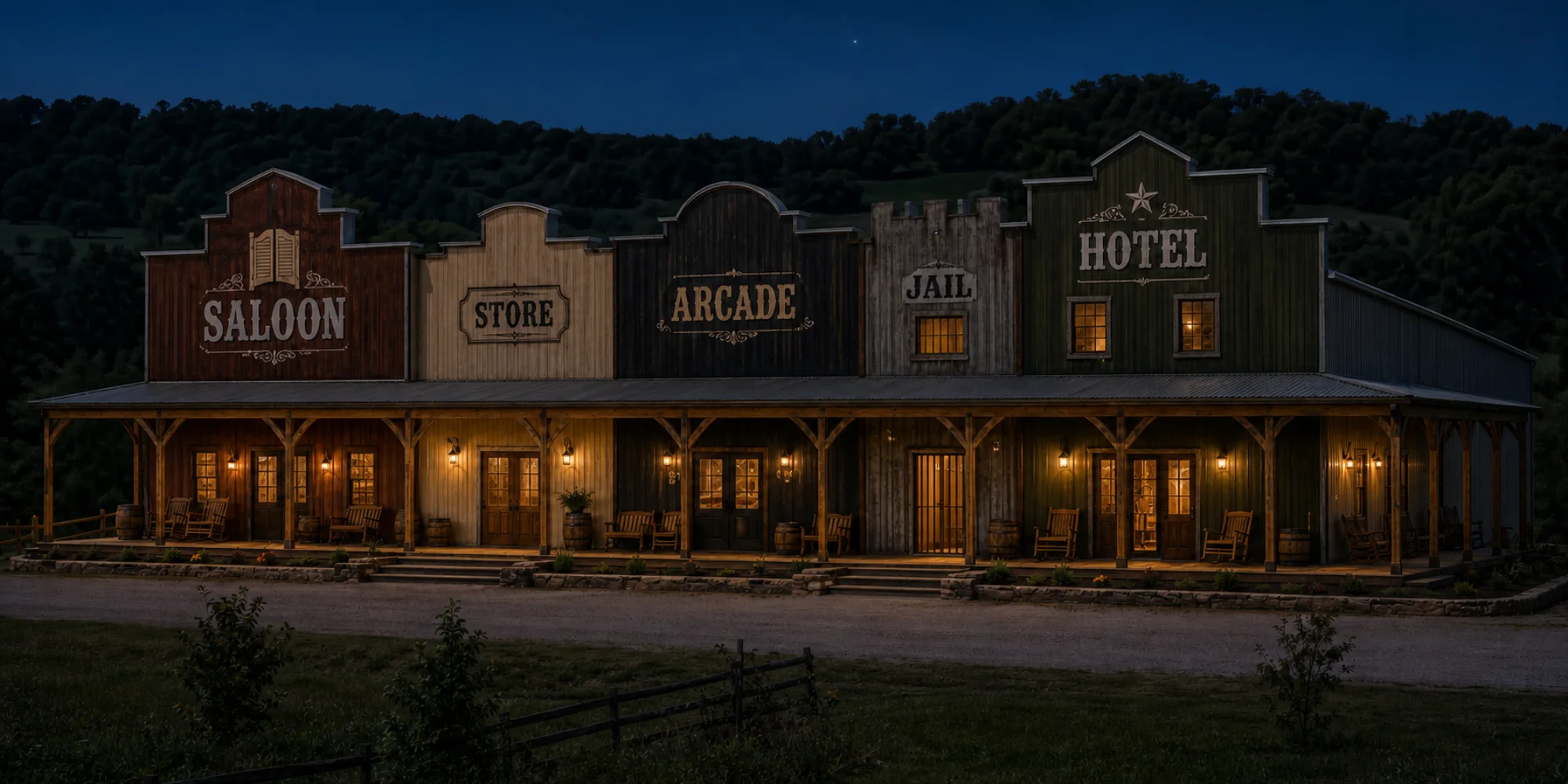 A single private western town building with saloon, store, arcade, jail, and hotel false fronts glowing beneath a deep blue evening sky.