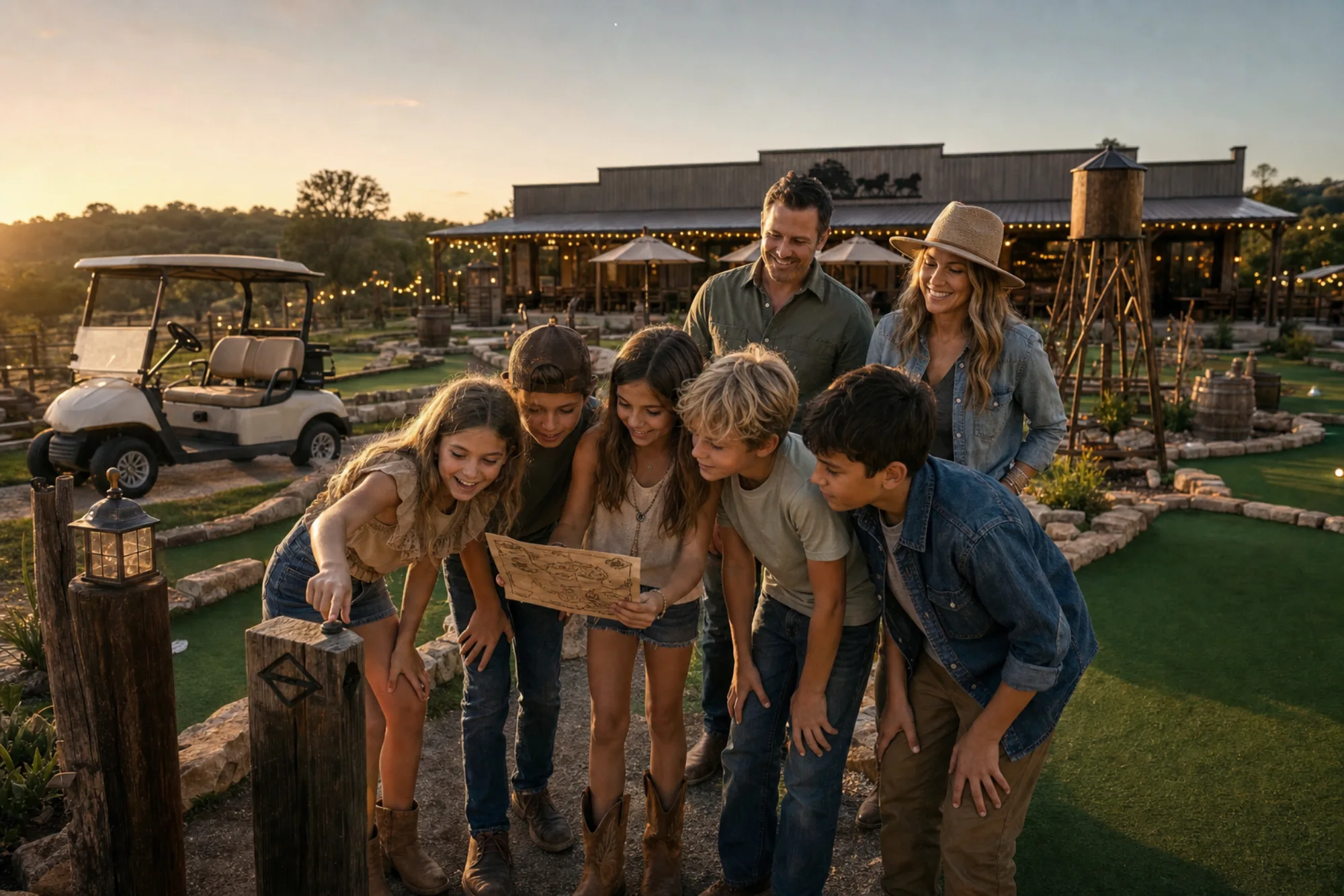 A family beginning a scavenger hunt beside the mini golf course at Outlaw Oasis.